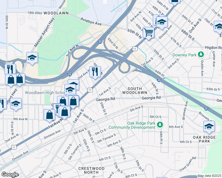map of restaurants, bars, coffee shops, grocery stores, and more near 6005 1st Avenue North in Birmingham