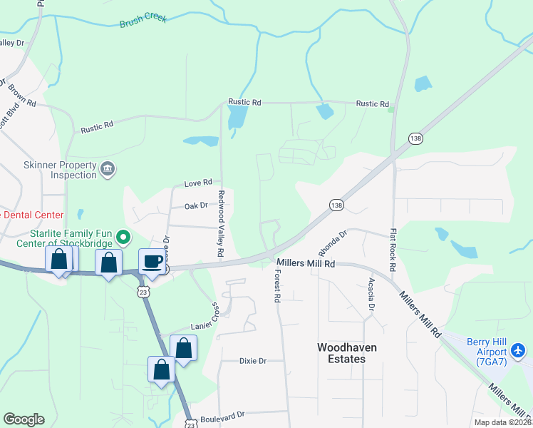 map of restaurants, bars, coffee shops, grocery stores, and more near 123 Naomi Drive in Stockbridge