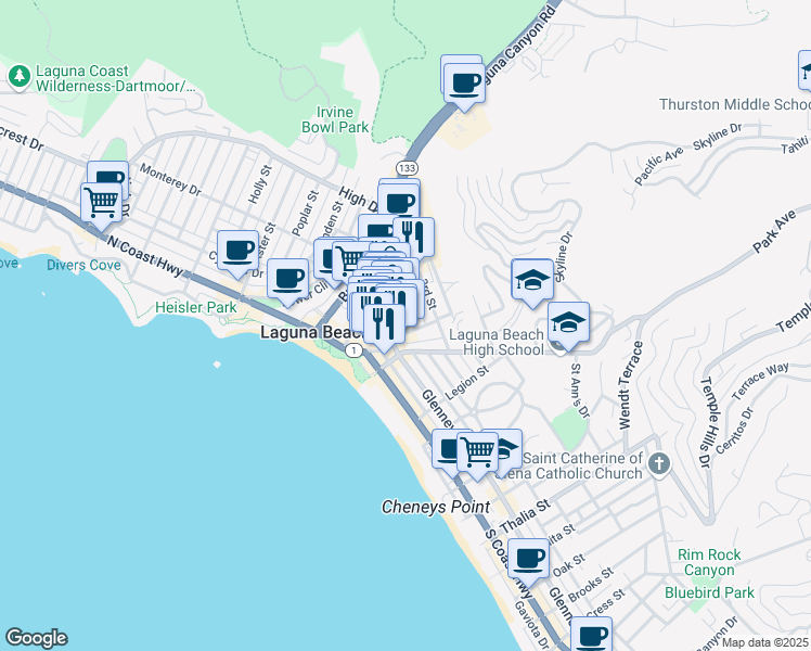 map of restaurants, bars, coffee shops, grocery stores, and more near 385 2nd Street in Laguna Beach