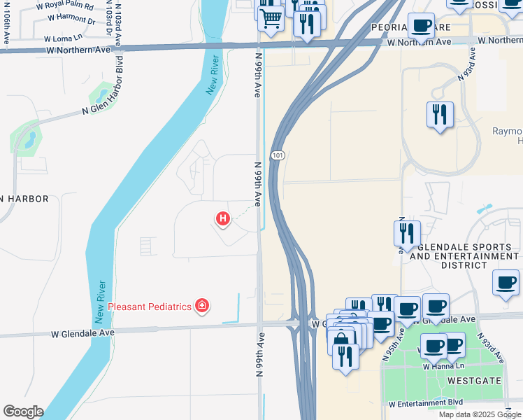 map of restaurants, bars, coffee shops, grocery stores, and more near 7439 North 99th Avenue in Glendale