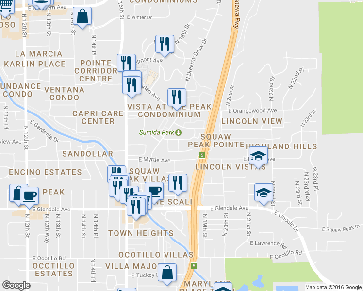 map of restaurants, bars, coffee shops, grocery stores, and more near 7227 North 18th Place in Phoenix