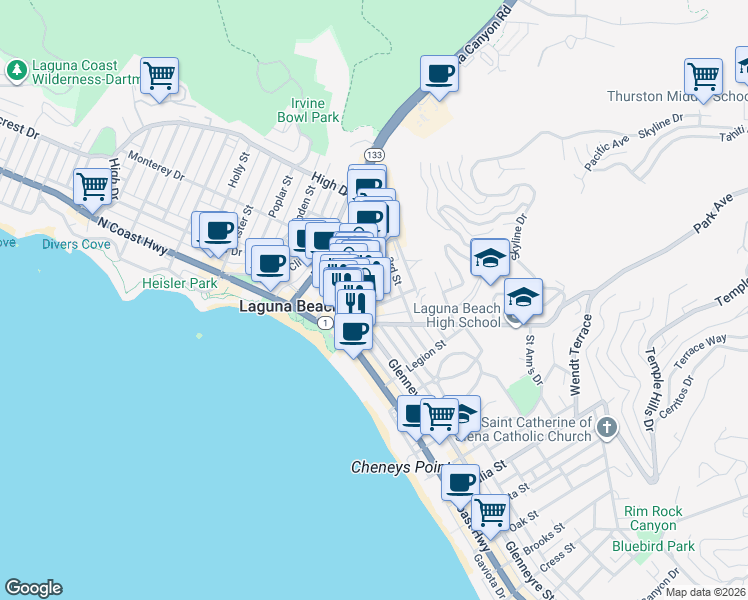 map of restaurants, bars, coffee shops, grocery stores, and more near 395 2nd Street in Laguna Beach