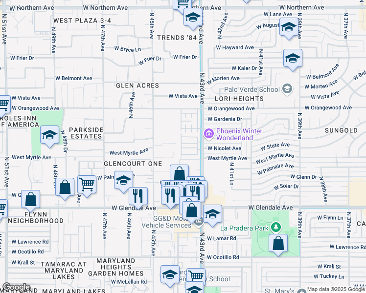 map of restaurants, bars, coffee shops, grocery stores, and more near 7200 North 43rd Avenue in Glendale