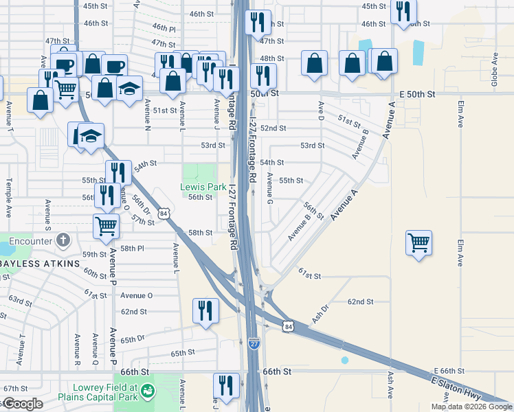 map of restaurants, bars, coffee shops, grocery stores, and more near 5429 Interstate 27 in Lubbock