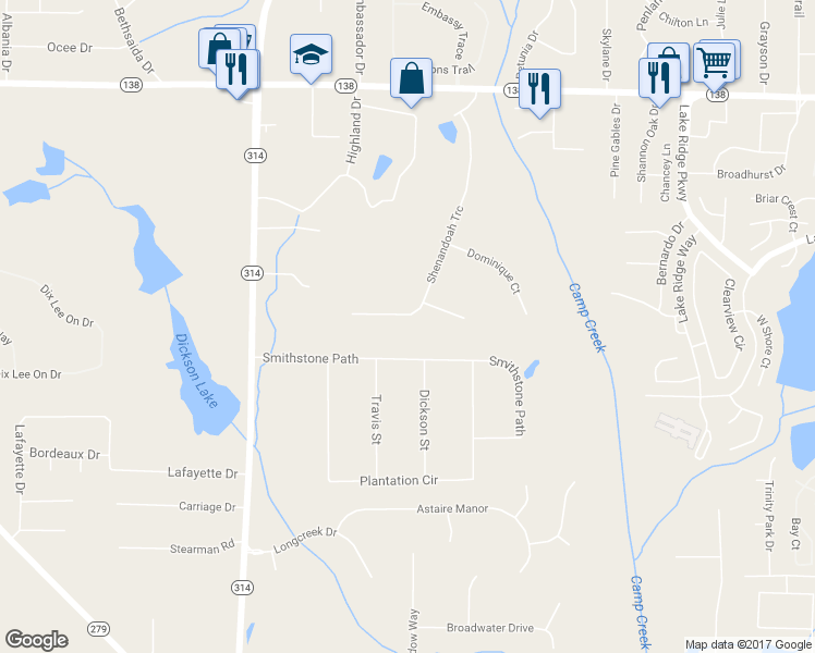 map of restaurants, bars, coffee shops, grocery stores, and more near 220 Shenandoah Trace in Fayetteville