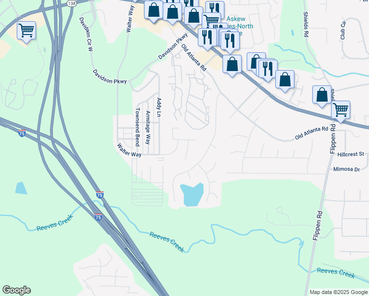 map of restaurants, bars, coffee shops, grocery stores, and more near 3528 Susie Court in Stockbridge