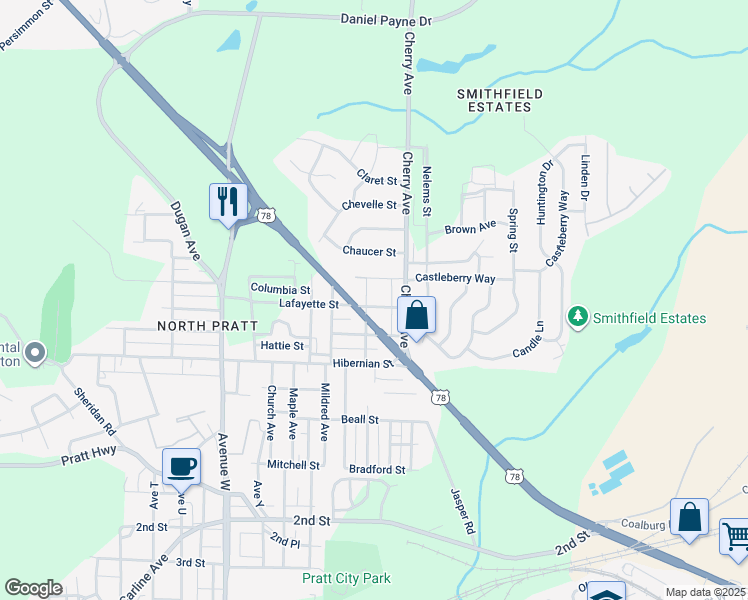 map of restaurants, bars, coffee shops, grocery stores, and more near 1504 Lafayette Street in Birmingham