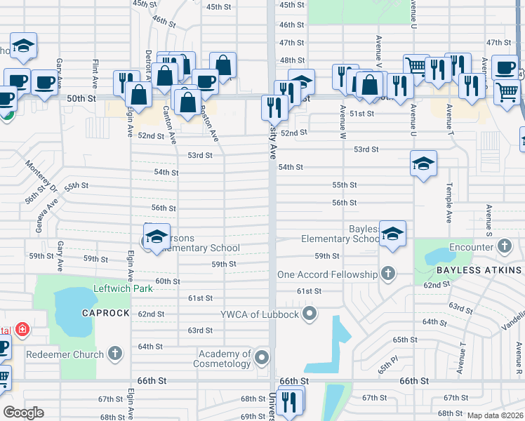 map of restaurants, bars, coffee shops, grocery stores, and more near 2503 56th Street in Lubbock