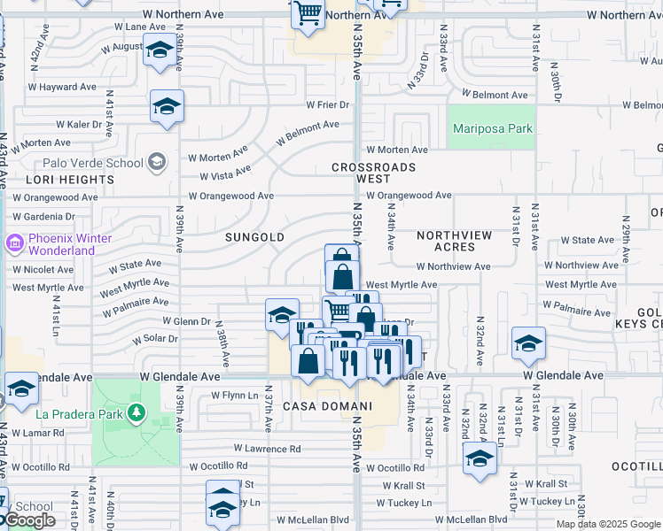 map of restaurants, bars, coffee shops, grocery stores, and more near 7220 N 35th Dr in Phoenix