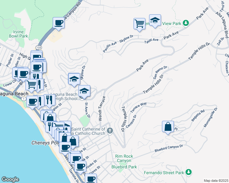 map of restaurants, bars, coffee shops, grocery stores, and more near 528 Temple Hills Drive in Laguna Beach