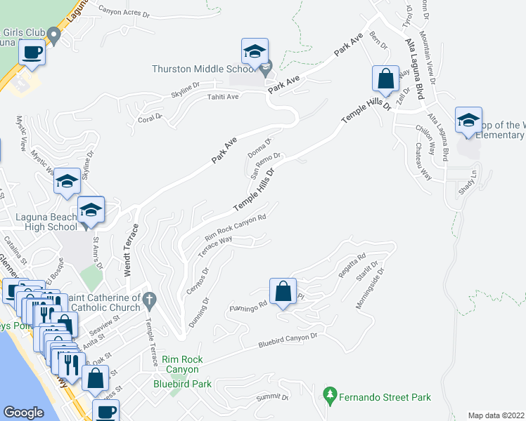 map of restaurants, bars, coffee shops, grocery stores, and more near 1933 Upper Rim Rock Road in Laguna Beach