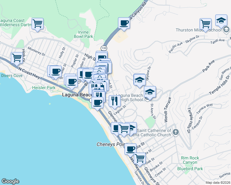 map of restaurants, bars, coffee shops, grocery stores, and more near 421 Loma Terrace in Laguna Beach