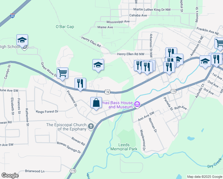 map of restaurants, bars, coffee shops, grocery stores, and more near 7420 Parkway Drive Southeast in Leeds