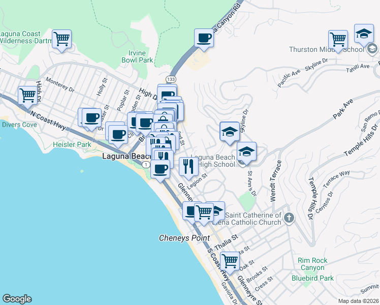 map of restaurants, bars, coffee shops, grocery stores, and more near 421 Loma Terrace in Laguna Beach