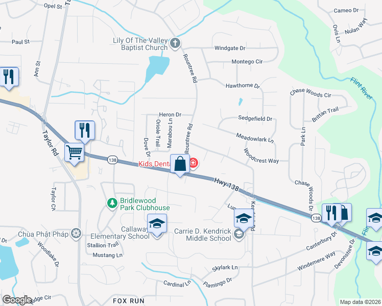 map of restaurants, bars, coffee shops, grocery stores, and more near 34 Rountree Road in Riverdale