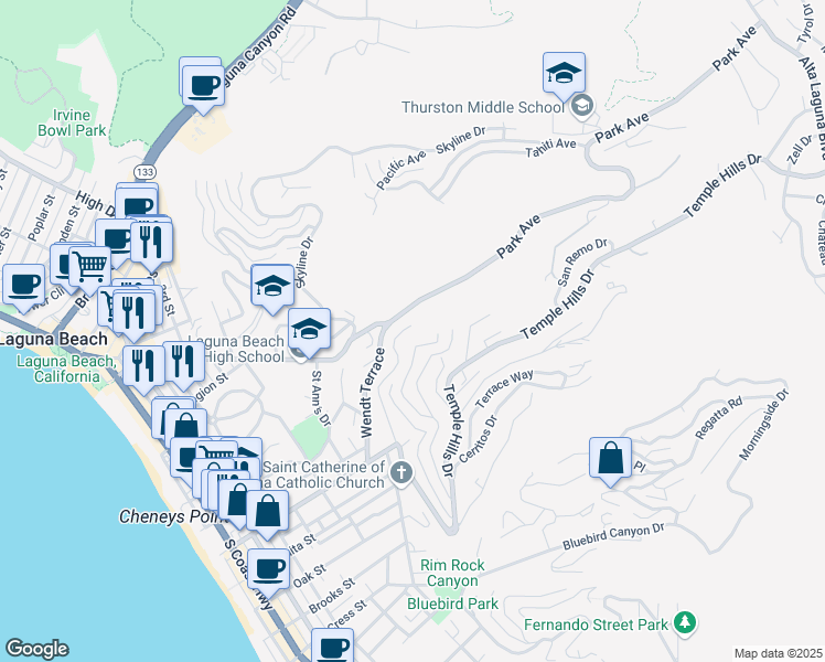 map of restaurants, bars, coffee shops, grocery stores, and more near 530 Temple Hills Drive in Laguna Beach