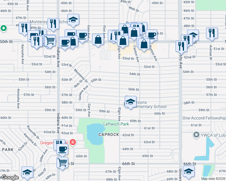 map of restaurants, bars, coffee shops, grocery stores, and more near 3007 56th Street in Lubbock