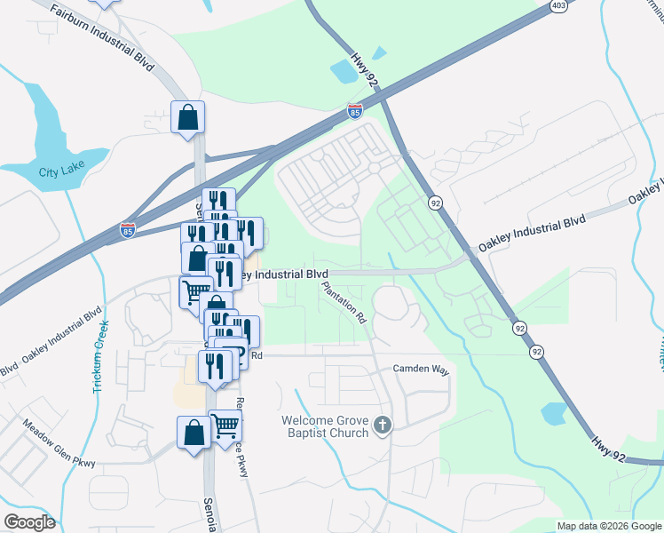 map of restaurants, bars, coffee shops, grocery stores, and more near 6810 Oakley Industrial Boulevard in Fairburn