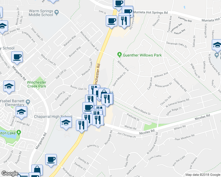 map of restaurants, bars, coffee shops, grocery stores, and more near 27303 Sierra Madre Drive in Murrieta