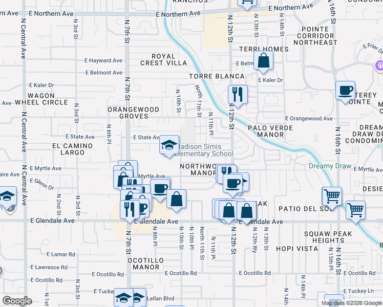 map of restaurants, bars, coffee shops, grocery stores, and more near 1001 East Northview Avenue in Phoenix