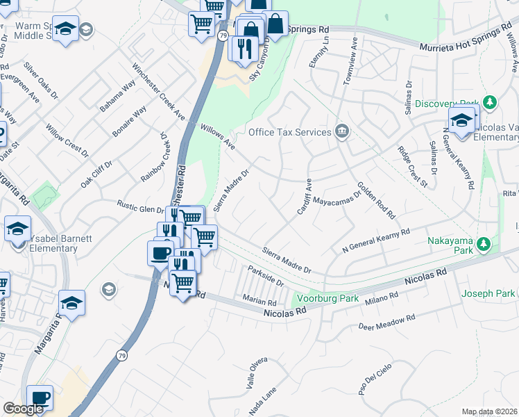 map of restaurants, bars, coffee shops, grocery stores, and more near 39264 Sierra La Vida in Murrieta