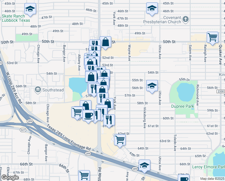 map of restaurants, bars, coffee shops, grocery stores, and more near 5105 56th Street in Lubbock
