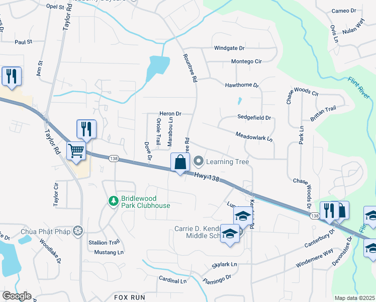 map of restaurants, bars, coffee shops, grocery stores, and more near 31 Rountree Road in Riverdale