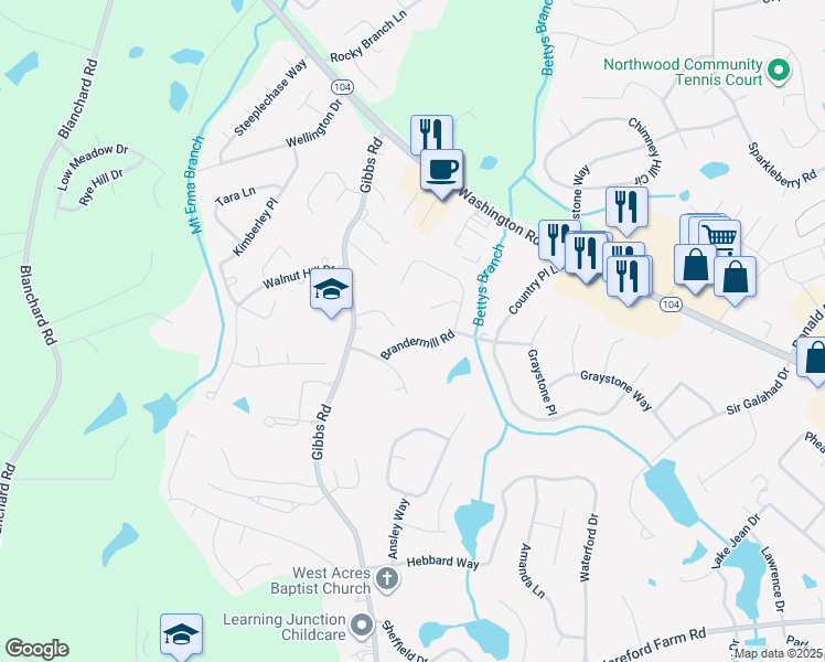 map of restaurants, bars, coffee shops, grocery stores, and more near 512 Brandermill Road in Evans