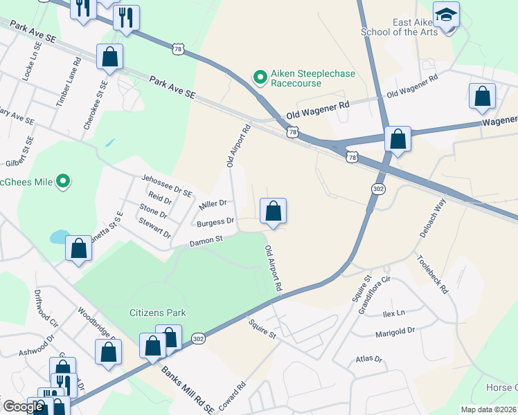 map of restaurants, bars, coffee shops, grocery stores, and more near 220 Old Airport Road in Aiken