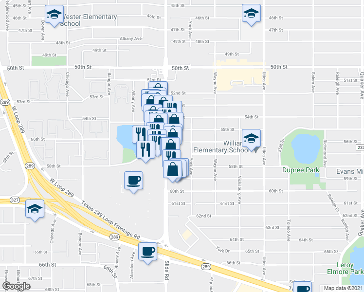 map of restaurants, bars, coffee shops, grocery stores, and more near 5105 56th Street in Lubbock