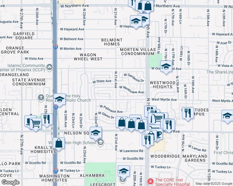 map of restaurants, bars, coffee shops, grocery stores, and more near 7220 North 21st Avenue in Phoenix