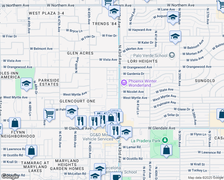 map of restaurants, bars, coffee shops, grocery stores, and more near 7200 North 43rd Avenue in Glendale