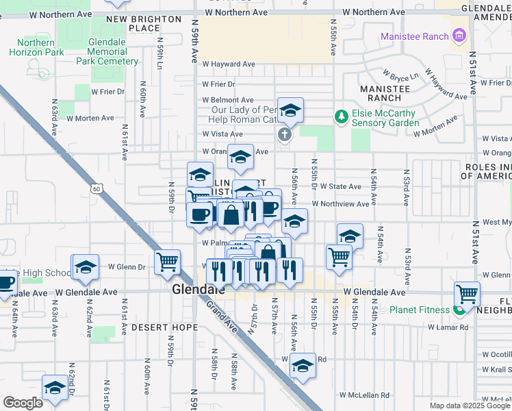 map of restaurants, bars, coffee shops, grocery stores, and more near 7200-7228 North 57th Avenue in Glendale