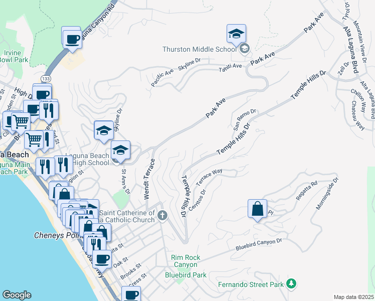 map of restaurants, bars, coffee shops, grocery stores, and more near 648 Canyon View Drive in Laguna Beach