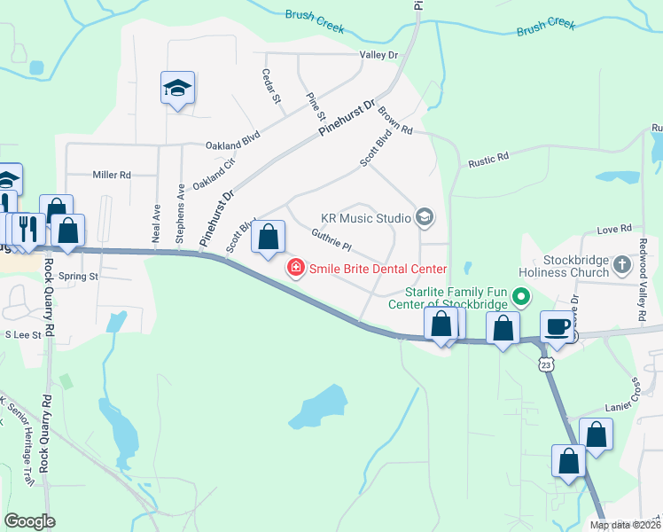 map of restaurants, bars, coffee shops, grocery stores, and more near 115 Charlotte Boulevard in Stockbridge