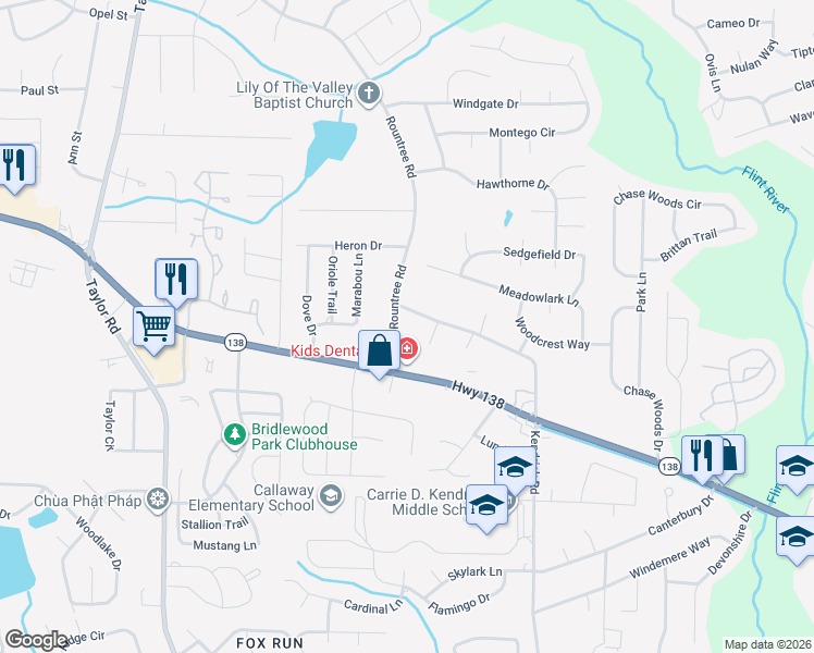 map of restaurants, bars, coffee shops, grocery stores, and more near 34 Rountree Road in Riverdale