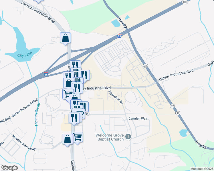 map of restaurants, bars, coffee shops, grocery stores, and more near 7822 Canterbury Court in Fairburn