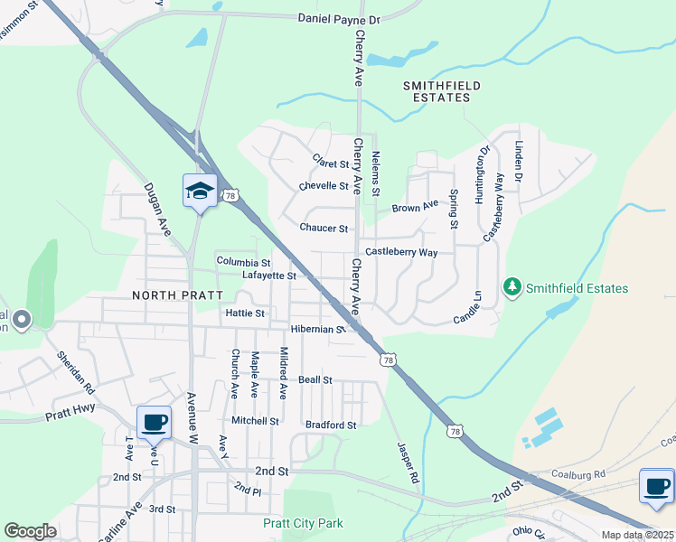 map of restaurants, bars, coffee shops, grocery stores, and more near 1504 Lafayette Street in Birmingham
