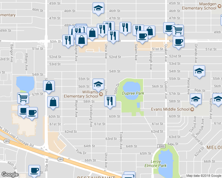 map of restaurants, bars, coffee shops, grocery stores, and more near 4622 55th Drive in Lubbock