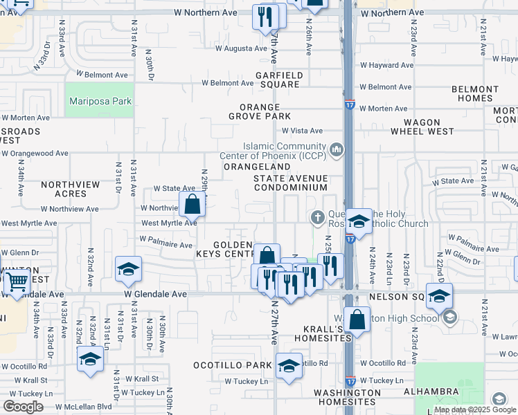 map of restaurants, bars, coffee shops, grocery stores, and more near 7220 North 27th Avenue in Phoenix