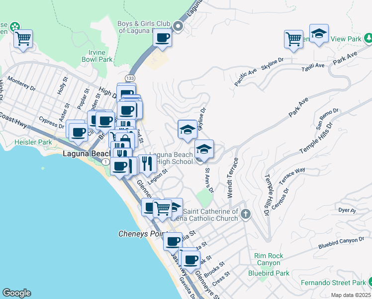 map of restaurants, bars, coffee shops, grocery stores, and more near 750 Manzanita Drive in Laguna Beach