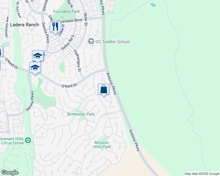 map of restaurants, bars, coffee shops, grocery stores, and more near 18 Elissa Lane in Ladera Ranch