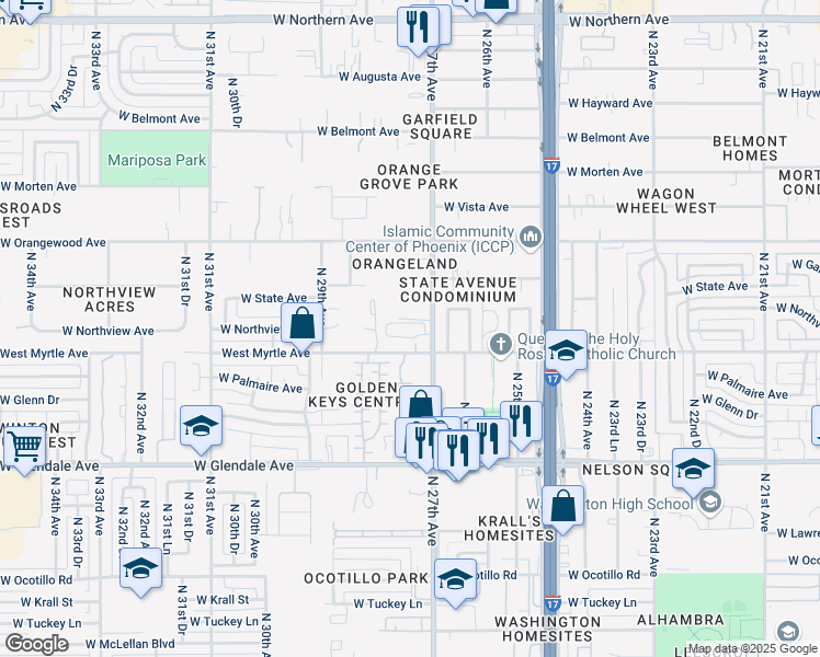 map of restaurants, bars, coffee shops, grocery stores, and more near 7220 North 27th Avenue in Phoenix