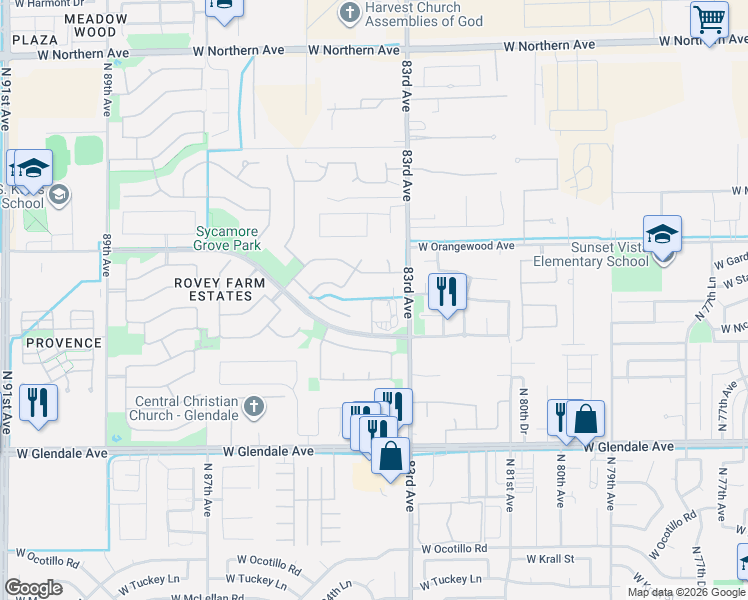 map of restaurants, bars, coffee shops, grocery stores, and more near 8385 W Cotton Blossom Trail in Glendale