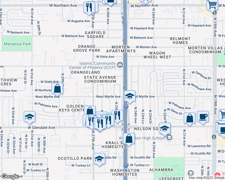 map of restaurants, bars, coffee shops, grocery stores, and more near 7218 North 25th Lane in Phoenix