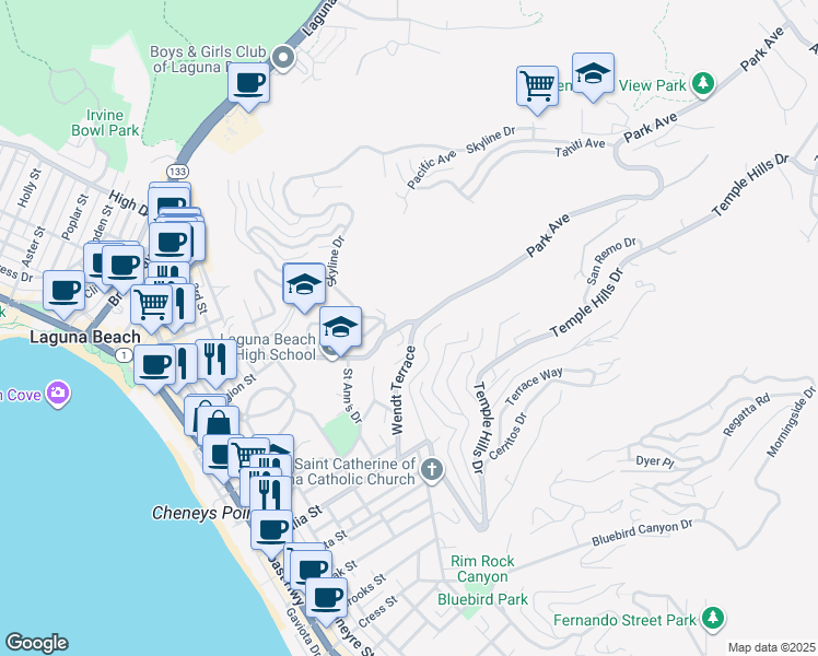map of restaurants, bars, coffee shops, grocery stores, and more near 945 Park Avenue in Laguna Beach