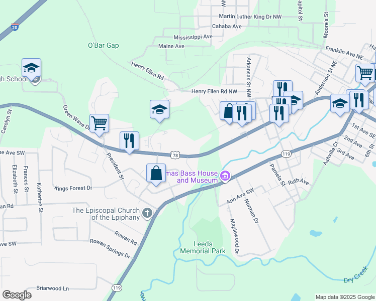 map of restaurants, bars, coffee shops, grocery stores, and more near 7420 Parkway Drive Southeast in Leeds