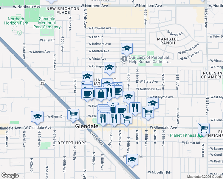 map of restaurants, bars, coffee shops, grocery stores, and more near 5730 West Myrtle Avenue in Glendale