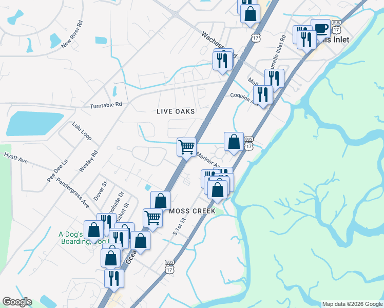 map of restaurants, bars, coffee shops, grocery stores, and more near 4861 U.S. 17 in Murrells Inlet