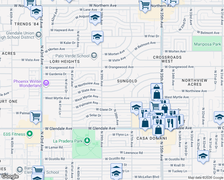 map of restaurants, bars, coffee shops, grocery stores, and more near 3818 West State Avenue in Phoenix